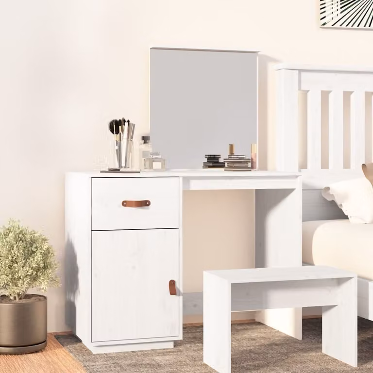 The Living Store Comodino bianco 95x50x134 cm in legno di pino massiccio
