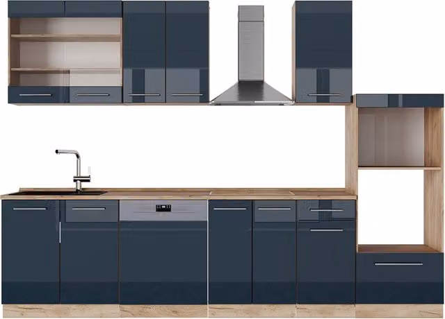 Cucina componibile Fame-Line Vicco Blu scuro lucido e Rovere dorato con armadio alto L: 300 cm