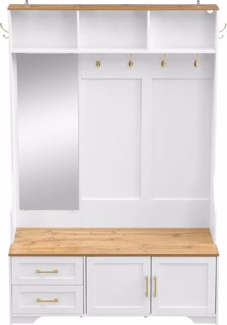 Mobile da ingresso con LED 16 colori; specchio; cassetti e ante; MDF; bianco e legno; 120x40x187 cm