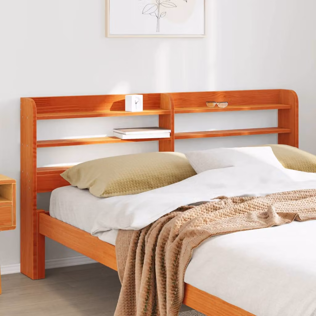 Testiera con ripiani integrati vidaXL in legno massello di pino, colore marrone cera, stile rustico, per letto 150x200 cm