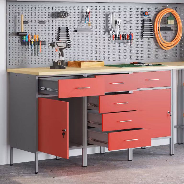 Set di 3 carrelli da lavoro mobili vidaXL in acciaio e legno, Rosso e Grigio, L 150 cm x P 55 cm x H 85 cm