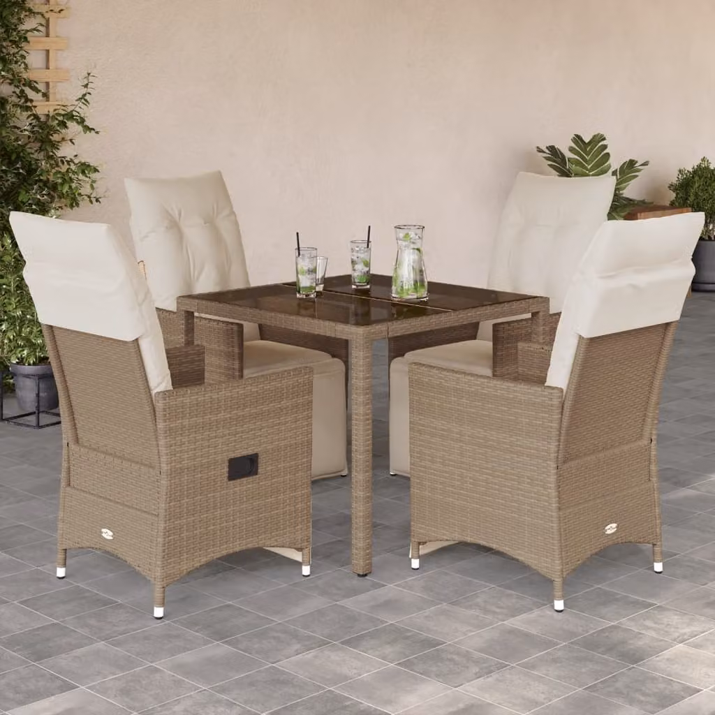 Set da Bistrò da Giardino e Balcone vidaXL in Polyrattan con Cuscini Beige e Piano in Vetro, 5 Pezzi – 1