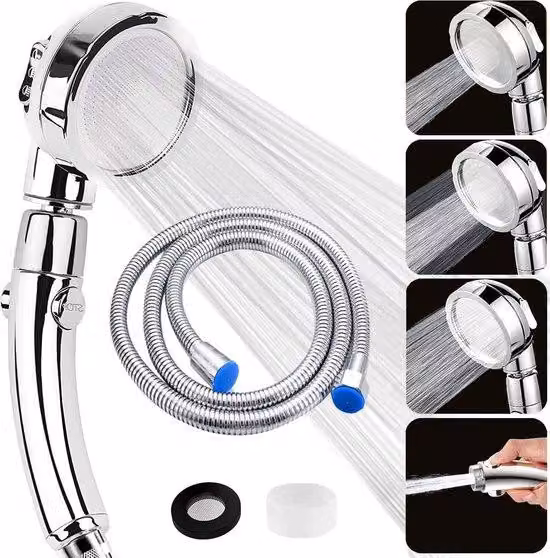 Soffione doccia a risparmio idrico con 3 tipi di getto, tubo flessibile da 2 m, cromato
