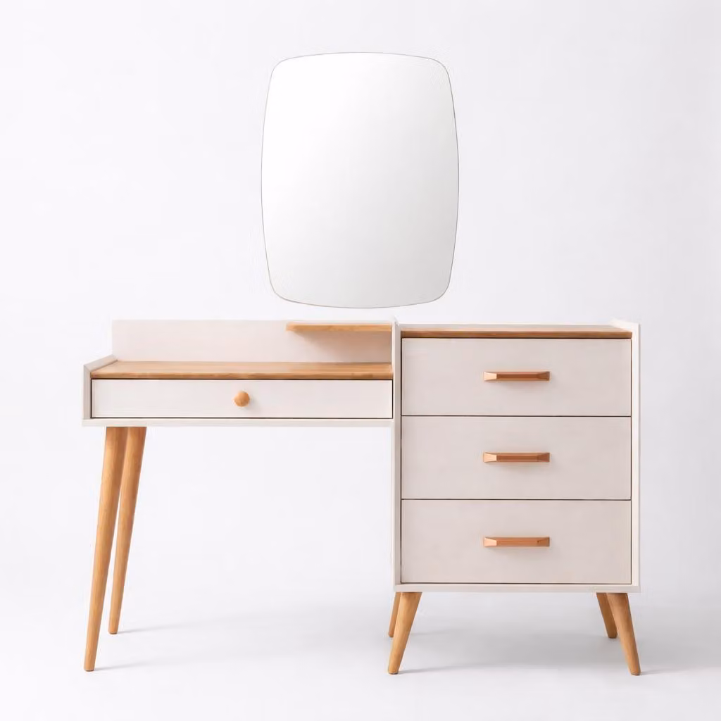 Elegante toletta bianca, tavolo in legno, cassettiera, mobili per la camera da letto