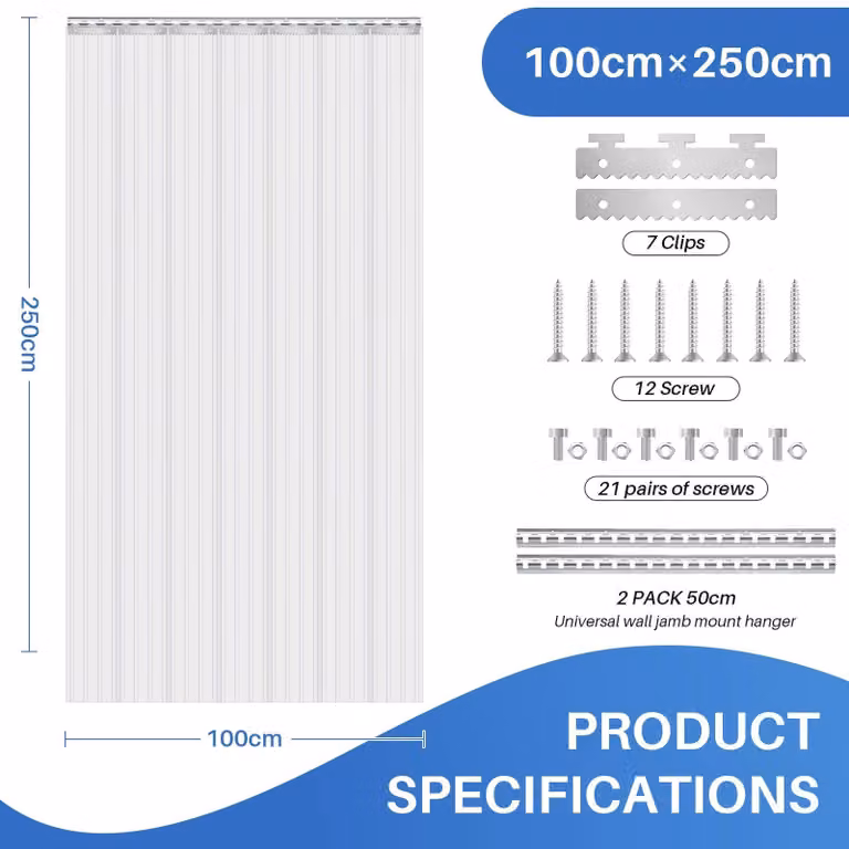 Tenda a strisce in PVC per porte - Lamelle a coste 100 x 250 cm - Resistente, impermeabile, isolante - Ideale per celle frigorifere, congelatori, magazzini, garage - Trasparente