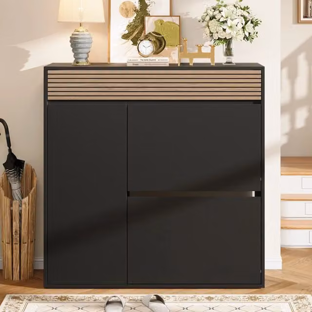 Scarpiera salvaspazio con 2 ribalte; anta e cassetto in MDF nero e legno naturale 100 × 35 × 105 cm