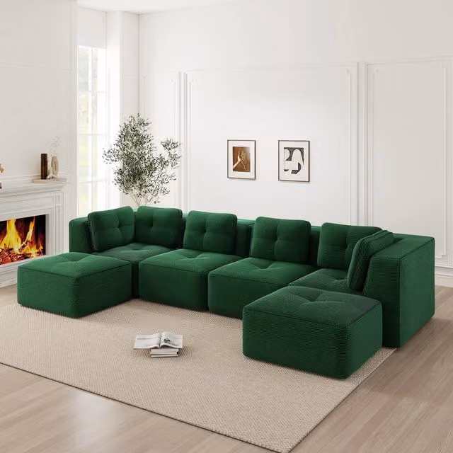 Divano Angolare Modulare MINIMAL Verde con Ottomane Coordinato in Tessuto Velvet Cord