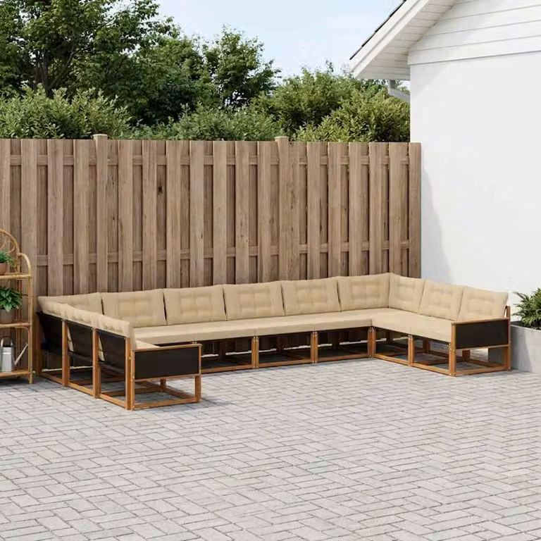 Set di divani da esterno vidaXL a forma di U composto da 10 pezzi in legno di acacia con cuscini beige e marrone