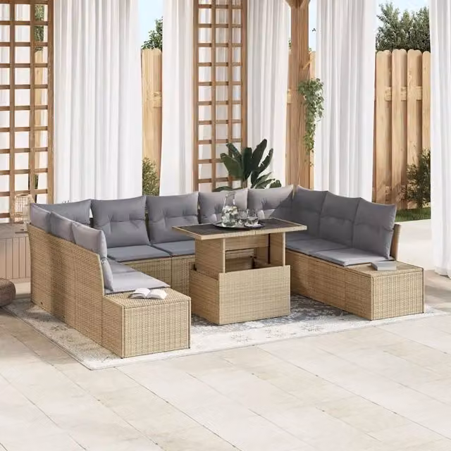 Set Divano da Giardino 10 Pezzi vidaXL Beige con Cuscini e Tavolino da Caffè in Polyrattan e Acciaio