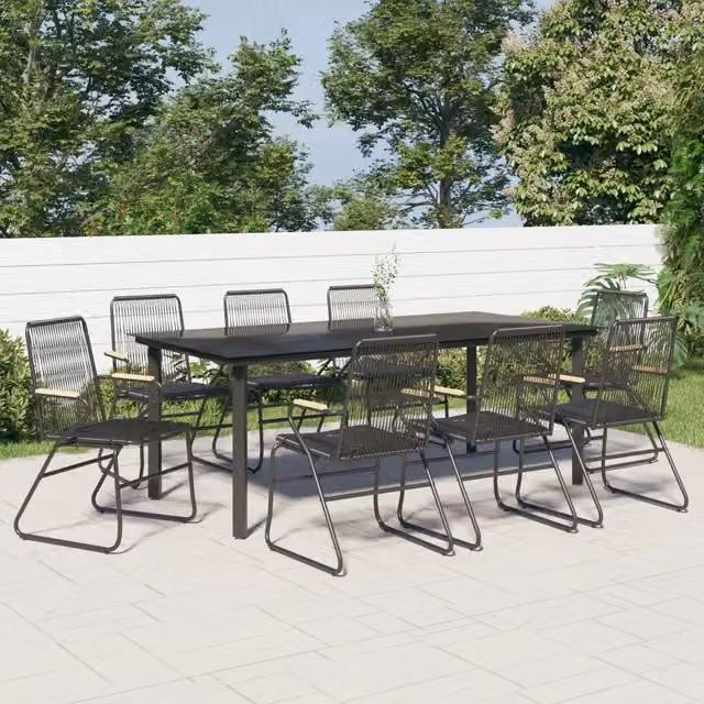 Set da pranzo da giardino moderno vidaXL composto da 9 pezzi in rattan e vetro nero con struttura in metallo e accenti in legno di teak