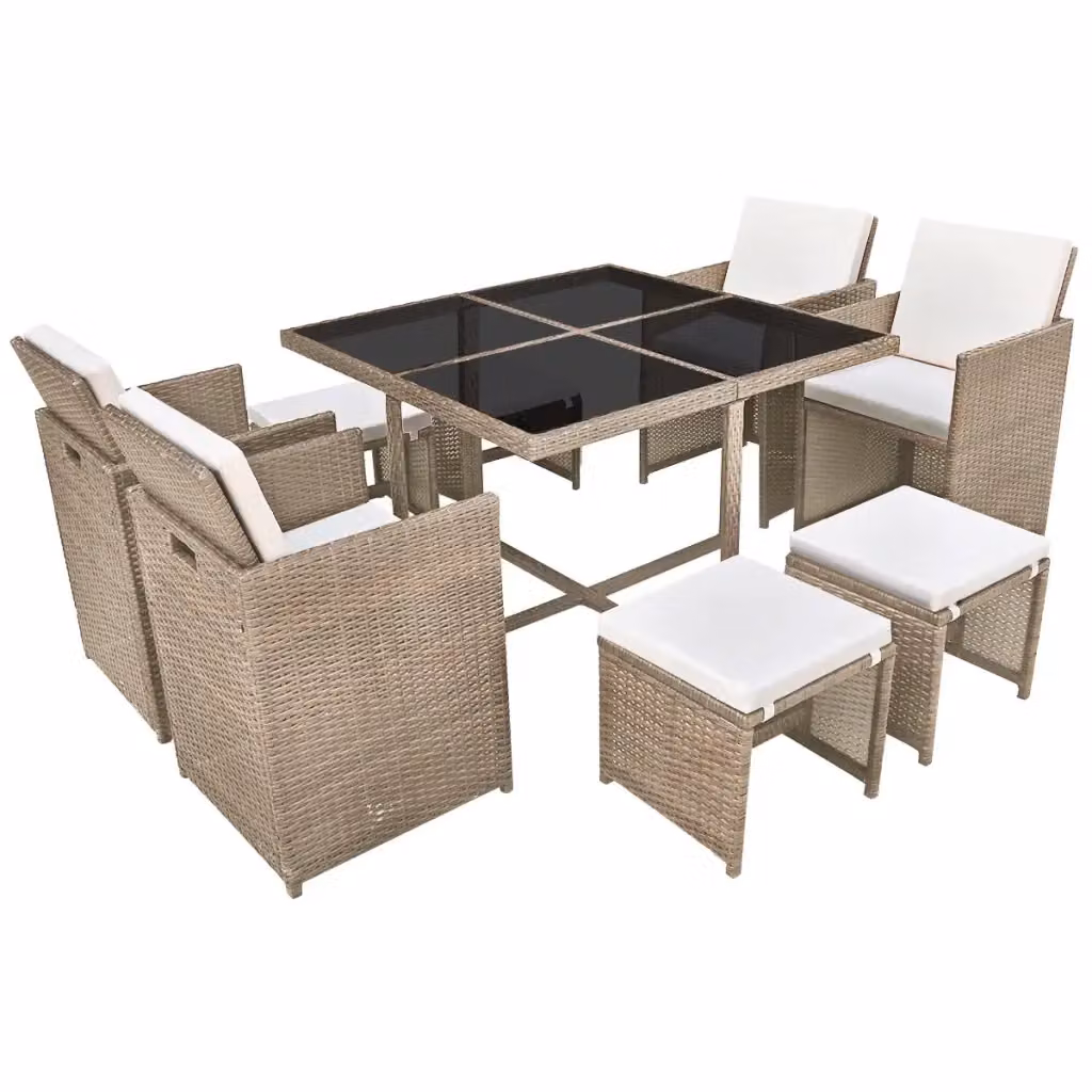 Set da pranzo da giardino vidaXL in polyrattan con piano in vetro e cuscini, 9 pezzi, beige, grigio o bianco – 2