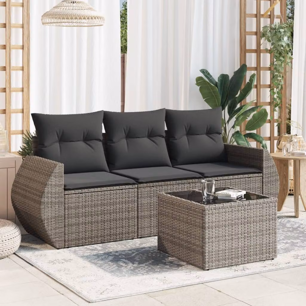 vidaXL Set Divani da Giardino 4 pz in Polyrattan Grigio con Cuscini e Tavolino – 1