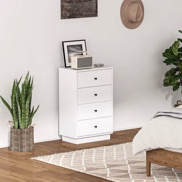 Cassettiera MIVRAY con 4 cassetti in MDF bianca e maniglie nere per camera o ingresso L: 47 cm, P: 29 cm, H: 75 cm