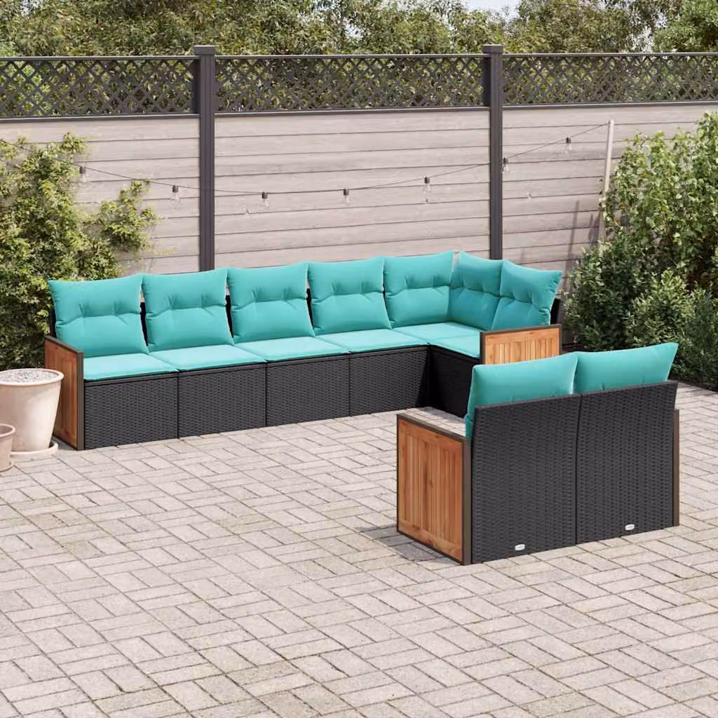 Set di divani da giardino vidaXL 8 pz in polyrattan nero con cuscini e struttura in metallo per esterno