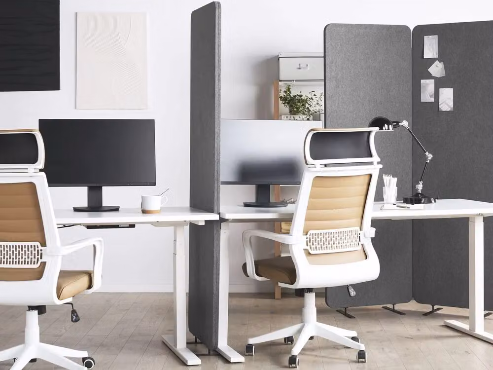 Paravento acustico divisorio a 3 ante Beliani grigio moderno per ufficio e casa L: 184 cm, H: 184 cm, P: 30 cm – 2