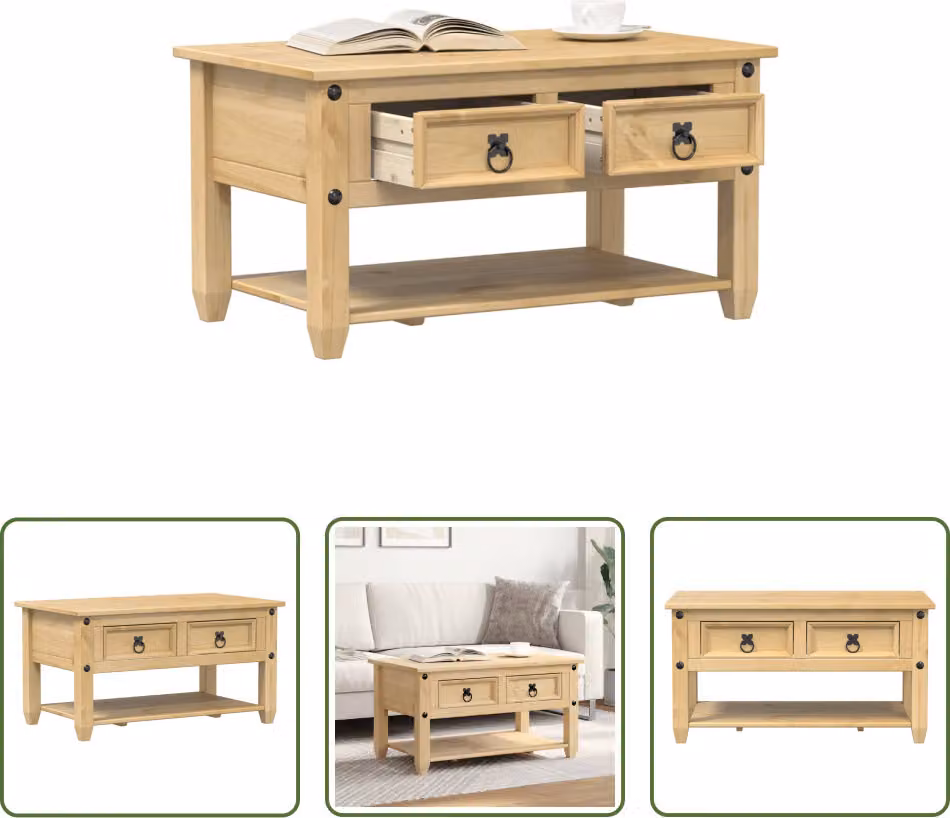 The Living Store Tavolino con cassetti 85x50x45 cm in legno di pino massiccio