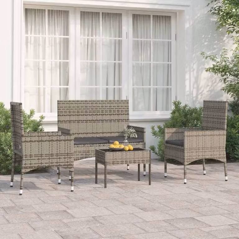 Set da giardino moderno vidaXL composto da 2 divani da esterno con braccioli, 1 tavolino da caffè in vetro e cuscini in schiuma con rivestimenti rimovibili, colore grigio e nero