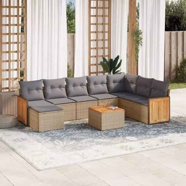 vidaXL Set Divano da Giardino a L 9 pz in Polyrattan con Cuscini Beige e Grigio