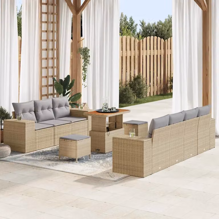 vidaXL Set Divano da Giardino 10 Pezzi a Forma di U in Polyrattan Beige con Cuscini e Tavolino da Caffè
