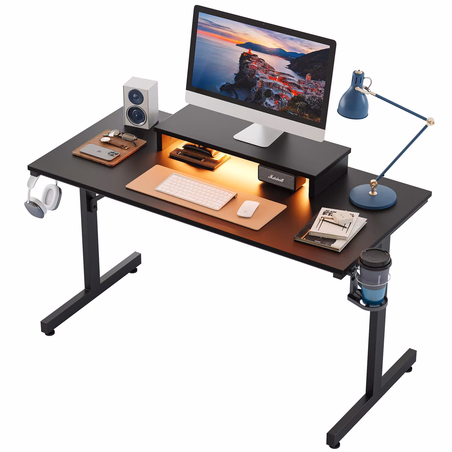 Scrivania da gaming Bestier 107 cm piccola con LED, tavolo da gaming, gancio per cuffie e portabicchieri, tavolo per computer