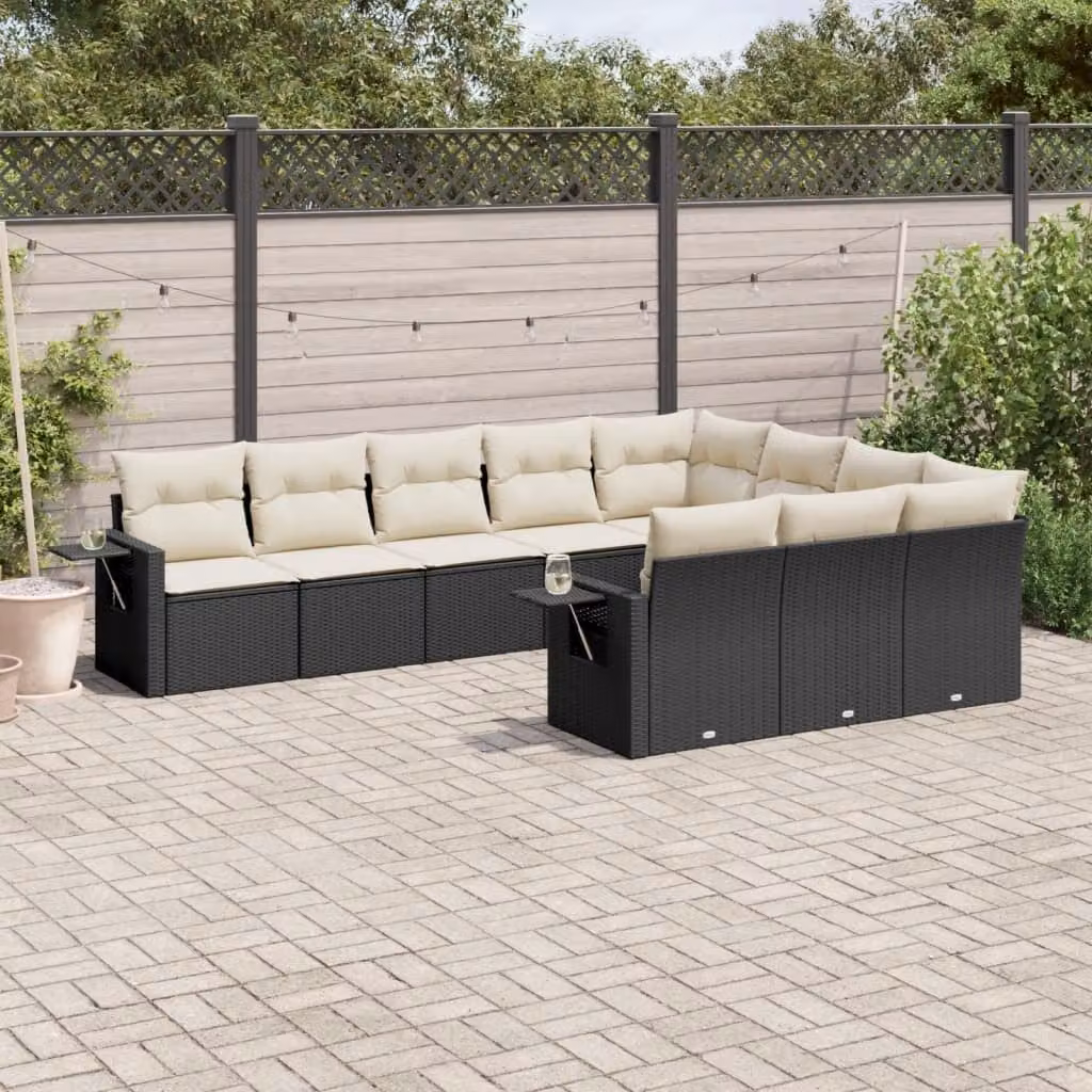 vidaXL Set Divani da Giardino 10 Pezzi in Polyrattan Nero con Cuscini e Tavolino da Esterno – 1