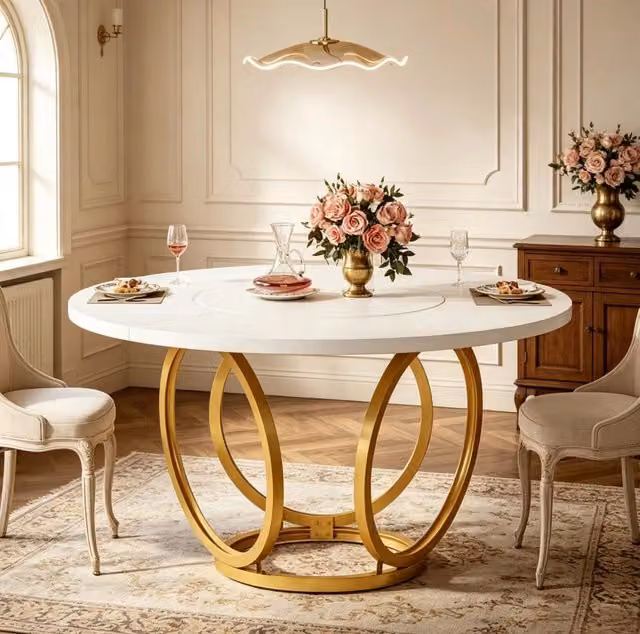 Tavolo da pranzo rotondo 120 cm bianco e oro in MDF e acciaio