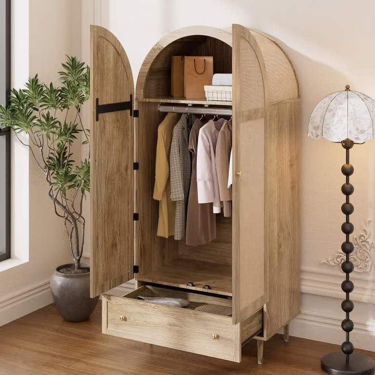 okwish Armadio per corridoio con asta appendiabiti e cassetti, armadio girevole con archi frontali, rovere