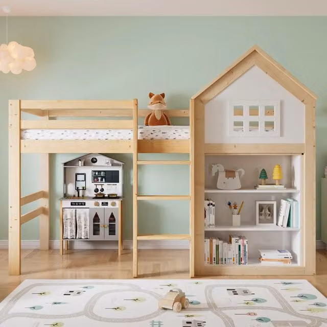 Letto a soppalco per bambini SINGULARTY a forma di casetta con scala, scaffale e cassetti, bianco e beige, L/P/H: 200 x 90 x 164,5 cm