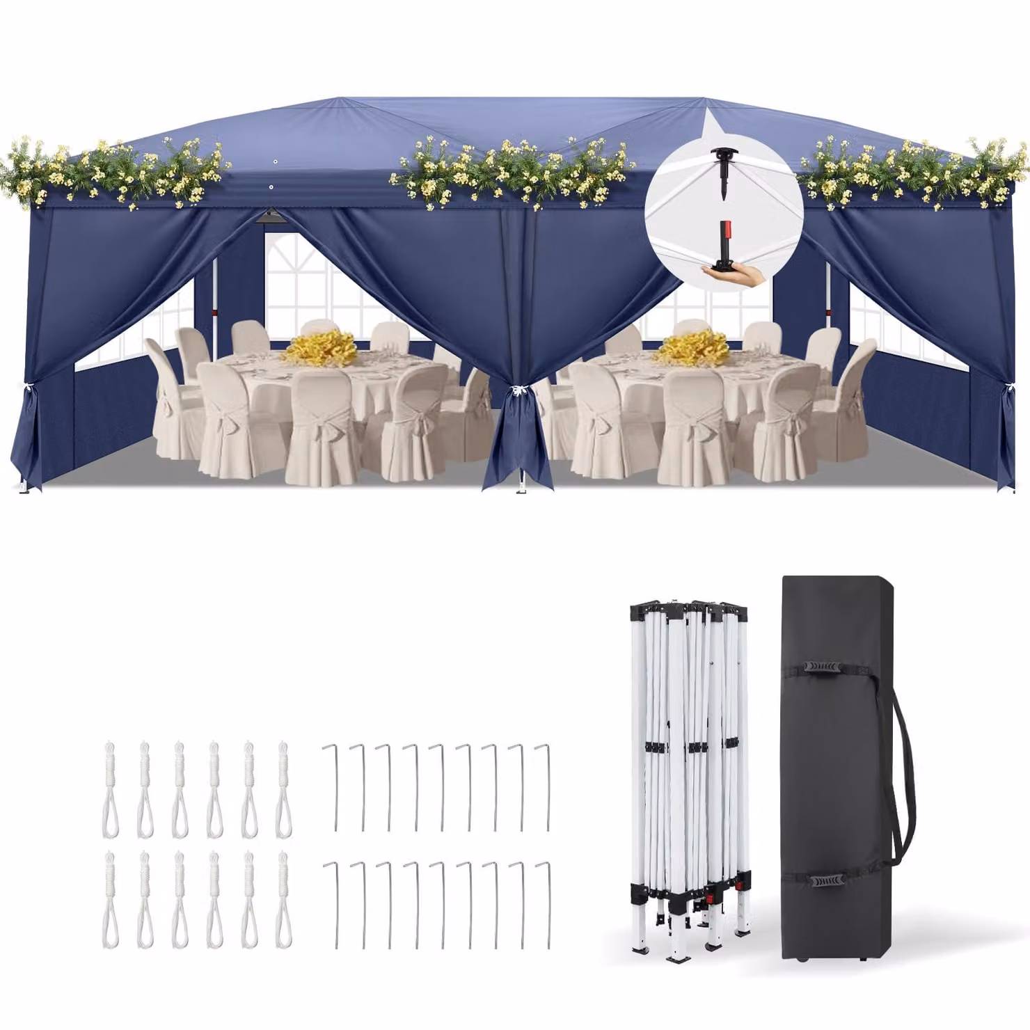 LEADZM, gazebo pieghevole 3x6 metri, con 6 pareti laterali, tenda da festa impermeabile, protezione UV 50+, gazebo da giardino con altezza regolabile, con borsa per il trasporto, colore blu