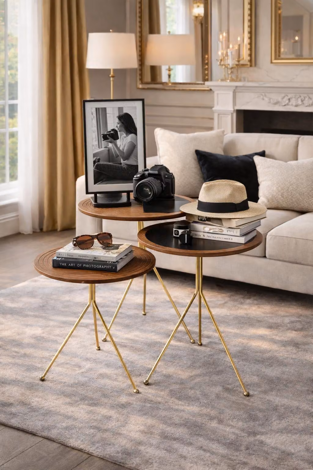 Set di tavolini da caffè in legno con struttura dorata, piano decorativo rotondo e dettagli in vetro