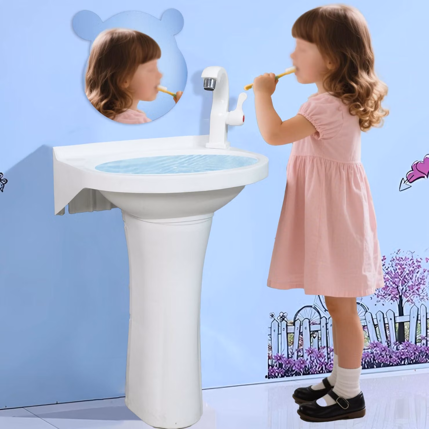 Lavabo per bambini in plastica, semicircolare, bianco, dimensioni 15,7 x 11 x 21 pollici