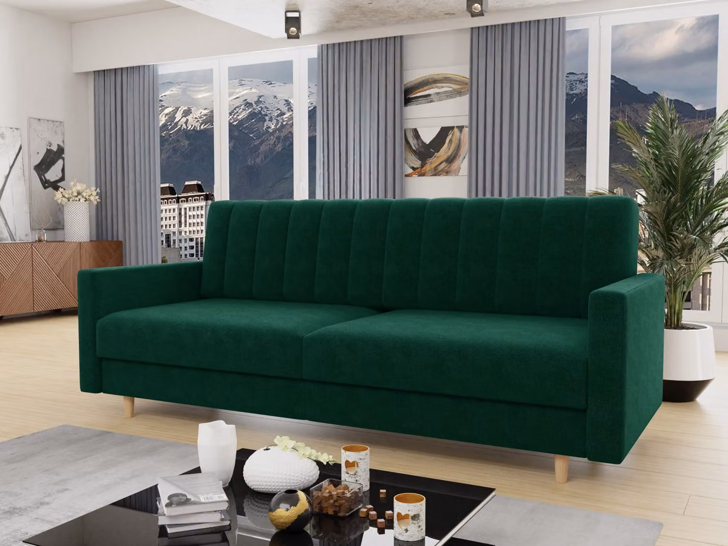 Divano letto Sara - Divano con contenitore e funzione letto, divano letto, divano letto con piedini in legno, velluto (verde (Kronos 19))