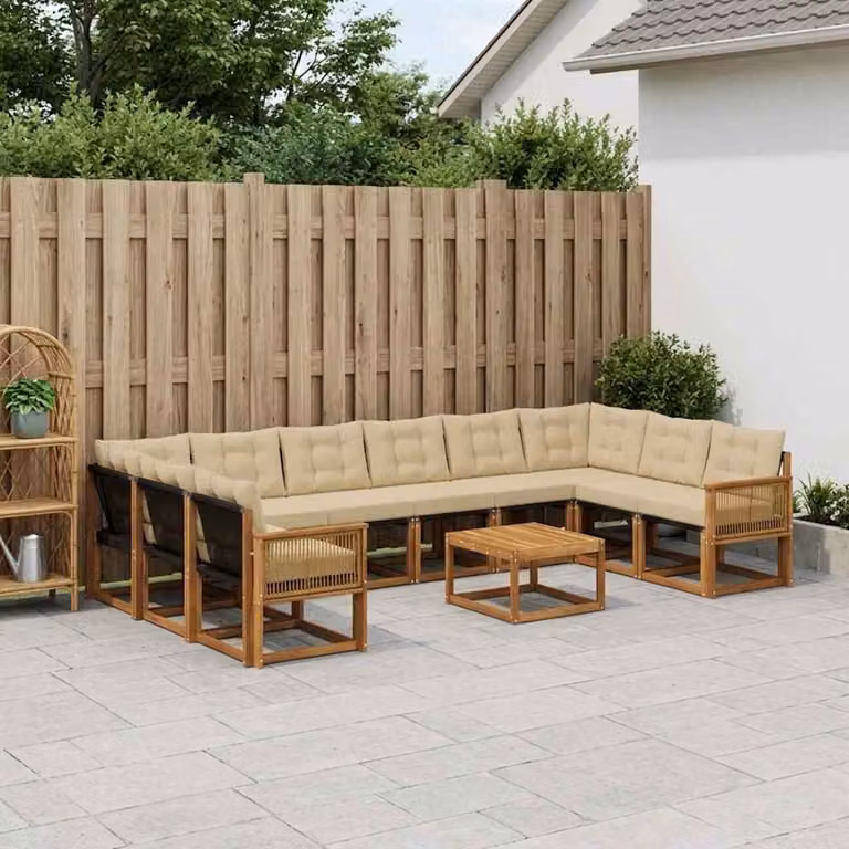 Set di divani da esterno vidaXL 11 pezzi a forma di U in legno di acacia con tavolino da caffè e cuscini, colore beige e marrone