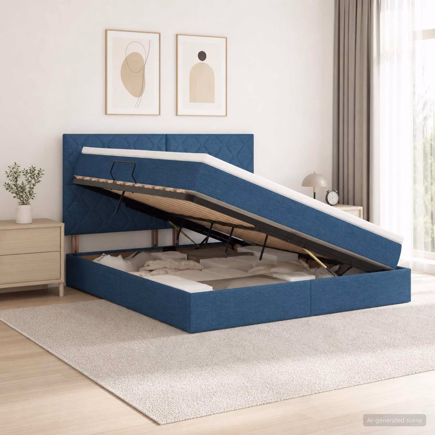 Letto con contenitore e materasso vidaXL in tessuto blu L: 180 cm, P: 200 cm, H: 140 cm