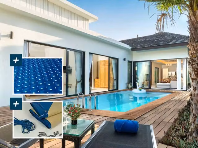 Piscina rettangolare in legno Habitat Et Jardin Aruba 140 blu con copertura a bolle e copertura invernale L: 5,00 m, P: 3,00 m, H: 1,38 m