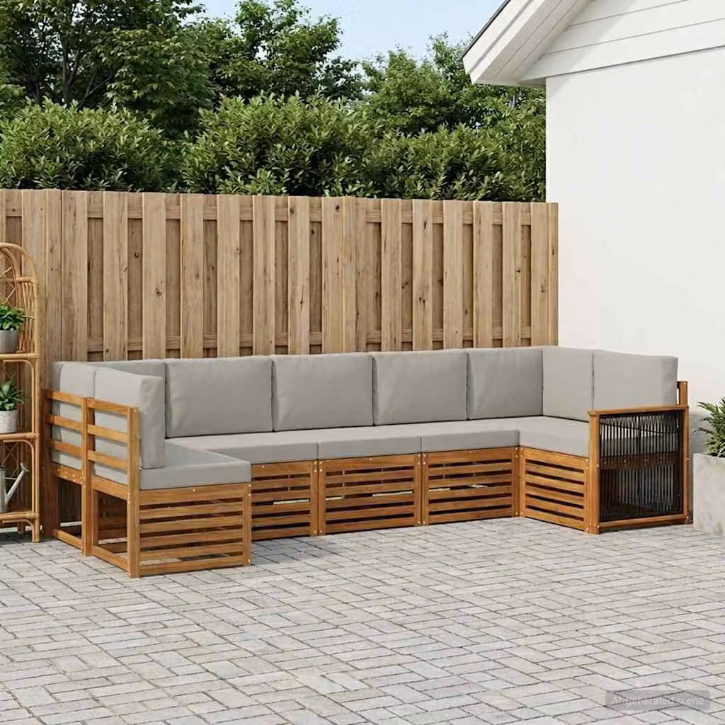 Set di divani da esterno vidaXL a forma di L composto da 6 pezzi in legno di acacia con cuscini inclusi, colori beige, grigio e marrone