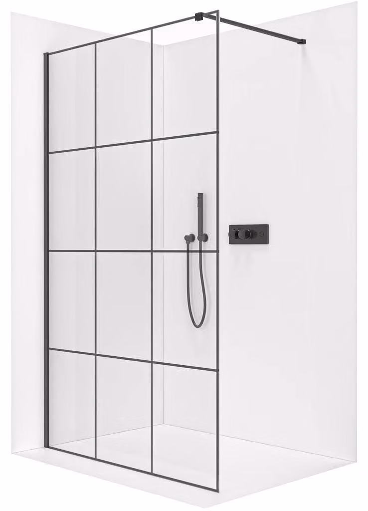 Pannello doccia angolare Walk-in Onyx Cube, versione sinistra/destra - 8 mm - montante quadrato - vetro nero opaco, stile industriale - 110x200 cm