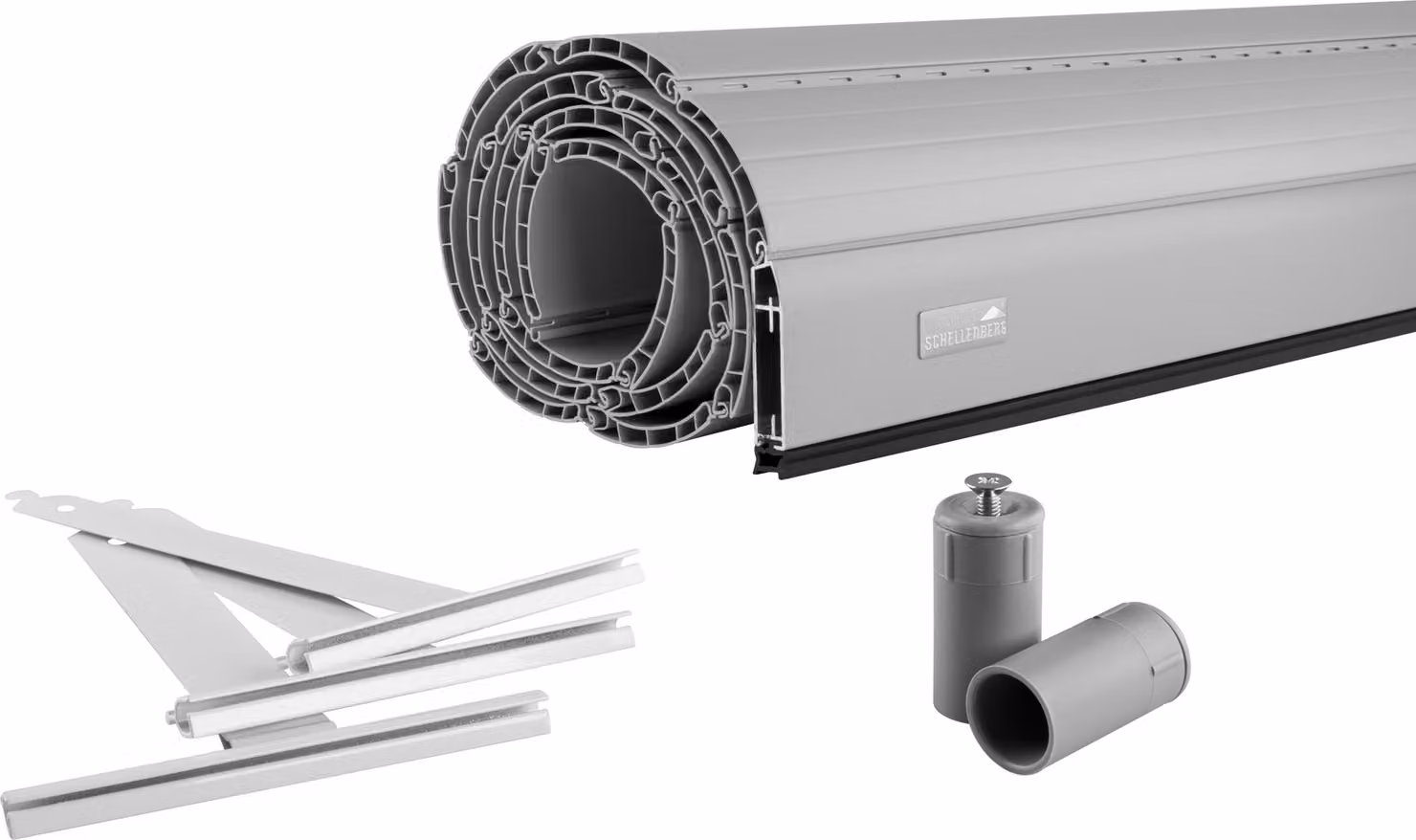 Set di tende avvolgibili Schellenberg PVC Maxi per alberi tubolari in acciaio da 60 mm, incl. molle di sospensione per tapparelle, barra terminale in alluminio e fermo per tapparelle, accorciabile individualmente, 130 x 150 cm, grigio, 39017