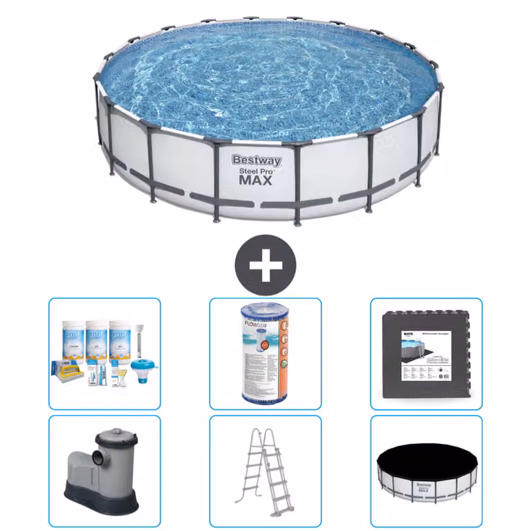 Piscina Bestway Round Steel Pro MAX - 549 x 122 cm - grigio - inclusa pompa - scala - pacchetto manutenzione copertura - filtro - piastrelle per il pavimento