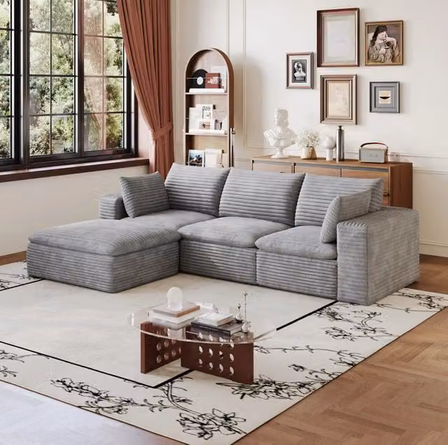 Divano modulare 260 cm in tessuto grigio con imbottitura in schiuma; struttura senza legno
