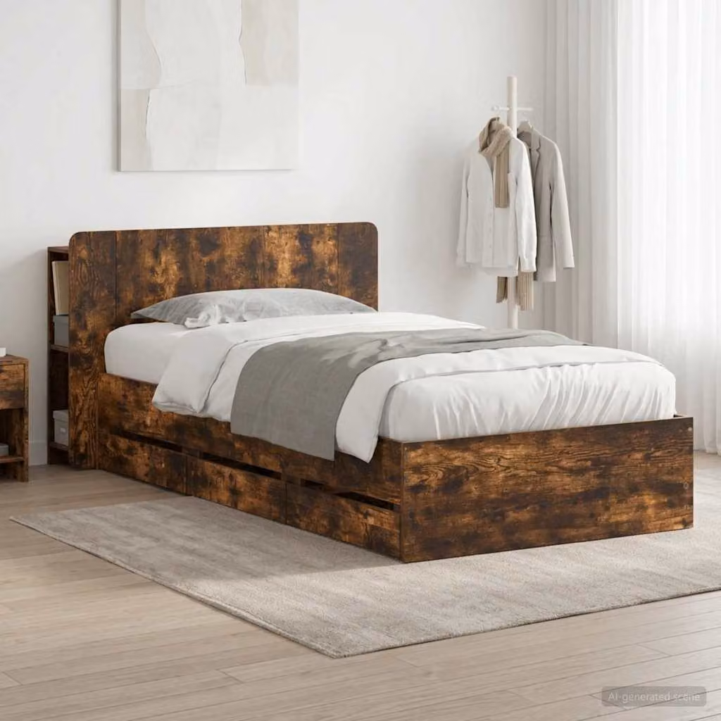 Struttura letto con contenitore e testata vidaXL in legno Rovere Fumo L: 140 cm, P: 200 cm, H: 119,5 cm