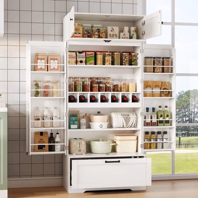 Mobile colonna da cucina con cassetto; 7 vani portabottiglie e 2 ripiani regolabili in MDF bianco 80 × 40 × 180 cm