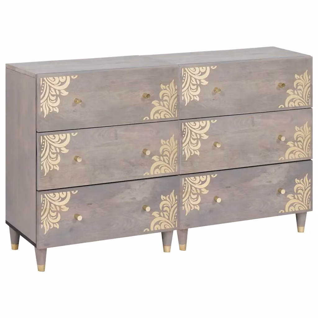 Set di 2 credenze moderne vidaXL in legno di mango massello, colore grigio e oro, L: 60 cm, P: 33 cm, H: 75 cm