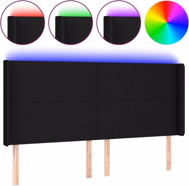 Testata del letto moderna con illuminazione LED e porta di ricarica USB in tessuto nero, L/P/H: 163 x 16 x 118/128 cm
