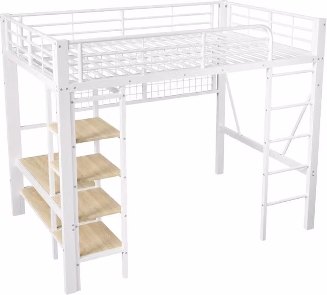 Letto a soppalco 140x200 cm con struttura in ferro, mensola, rete appendiabiti e barra per vestiti, con luce LED, colore bianco, senza materasso