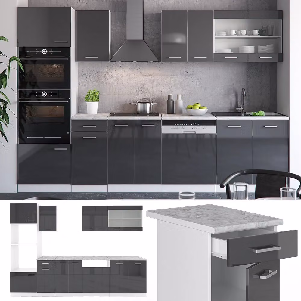 Cucina componibile moderna Vicco R-Line in antracite lucido e bianco con armadio alto, L: 300 cm – 2