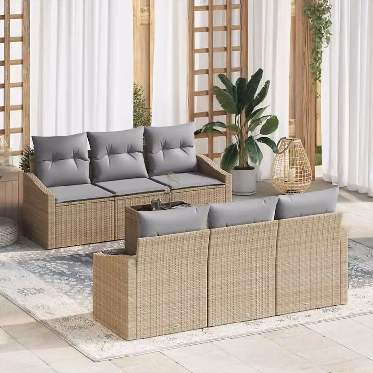 Set di divani da giardino vidaXL in rattan e metallo, 7 pezzi, Beige e Grigio con cuscini inclusi