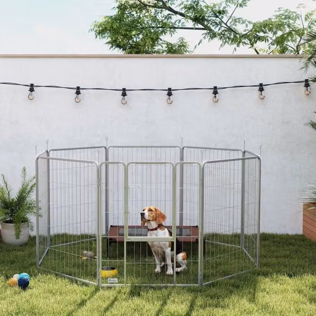 Recinto per cani 160x160x100 cm in acciaio argentato, pieghevole 8 pannelli con porta –