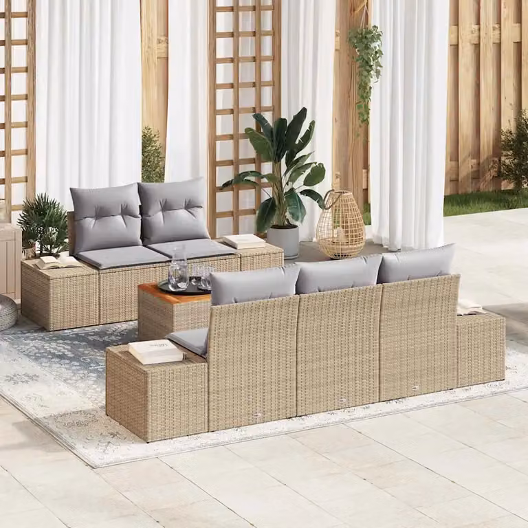 vidaXL Set Divano da Giardino a L in Polyrattan con Tavolino e Cuscini, 6 Pezzi, Beige e Grigio