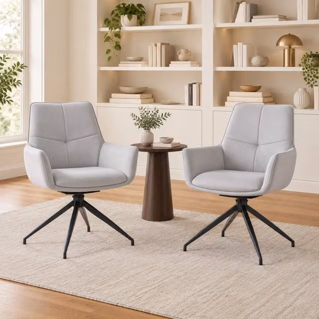 Set di 2 sedie da pranzo girevoli a 360° MIVRAY con braccioli, rivestimento in tessuto grigio chiaro e gambe in metallo nero